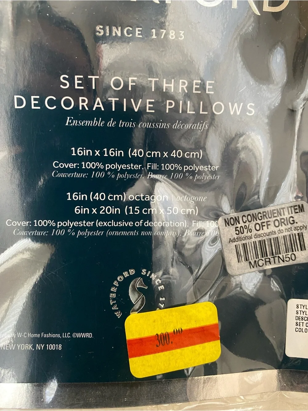 Waterford Aragon Decorative Pillows, Set of 3 16x16 in 6x20 in 16 inches
